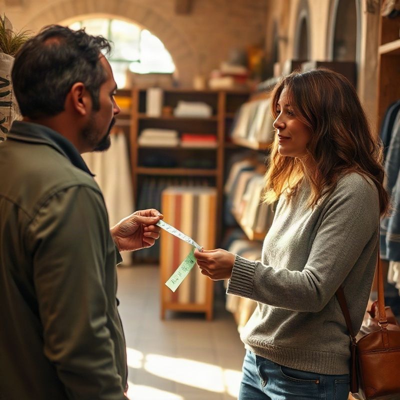 Conversación de orientación en tienda con medidas anotadas